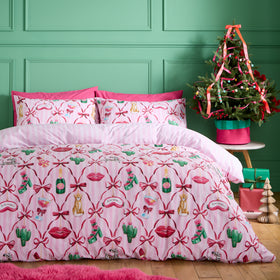 Catherine Lansfield Christmas Kitsch Duvet Cover Bedding Set Pink