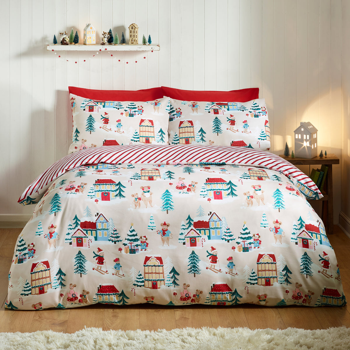 Catherine Lansfield Christmas Mouse Town Duvet Cover Bedding Set Natural