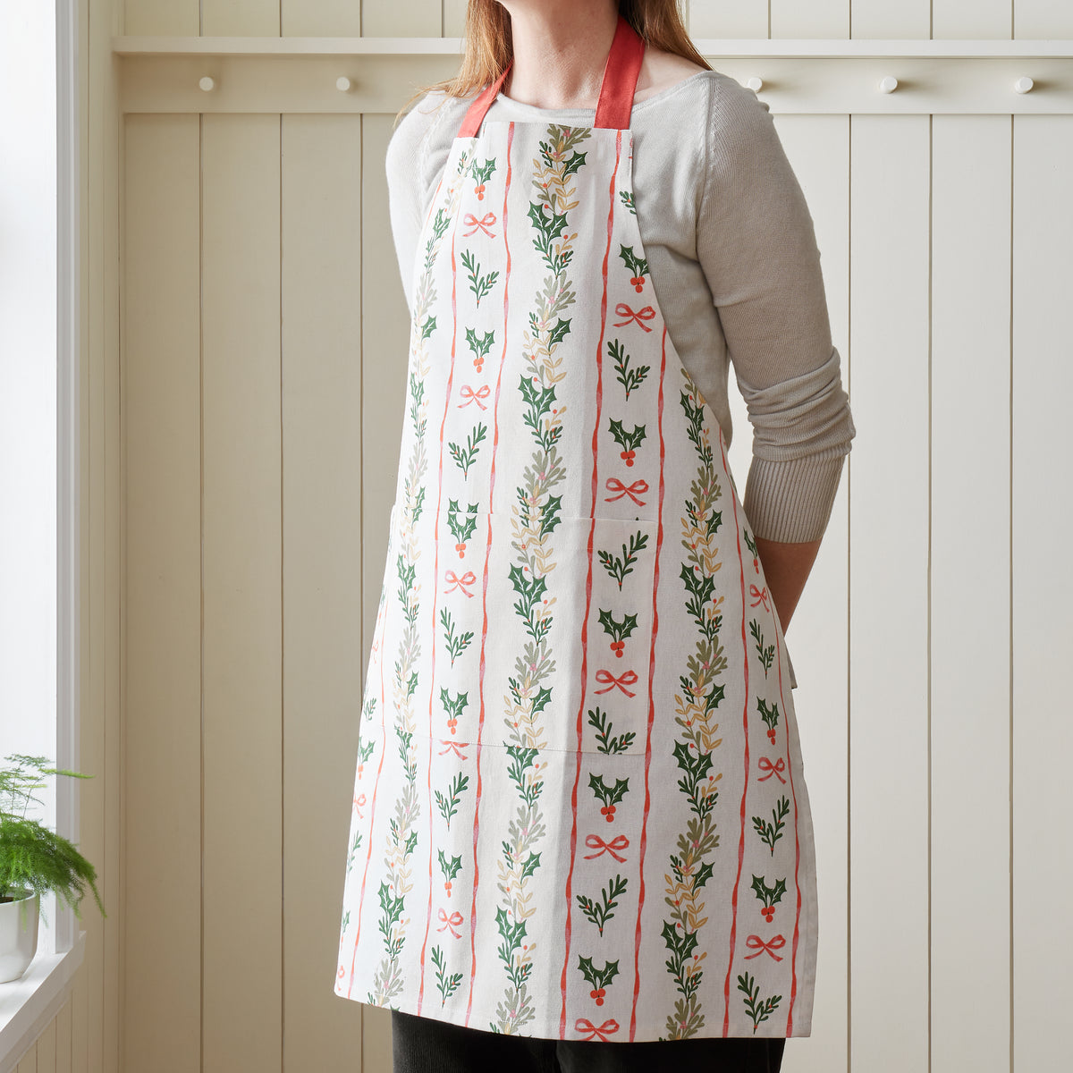 Catherine Lansfield Christmas Holly Stripe Apron Cream Red