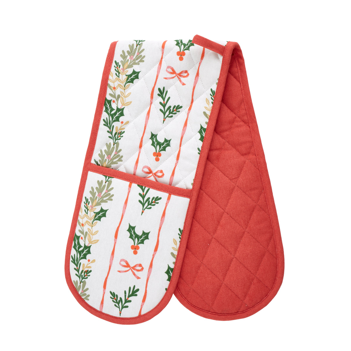 Catherine Lansfield Christmas Holly Stripe Oven Glove Double Cream Red