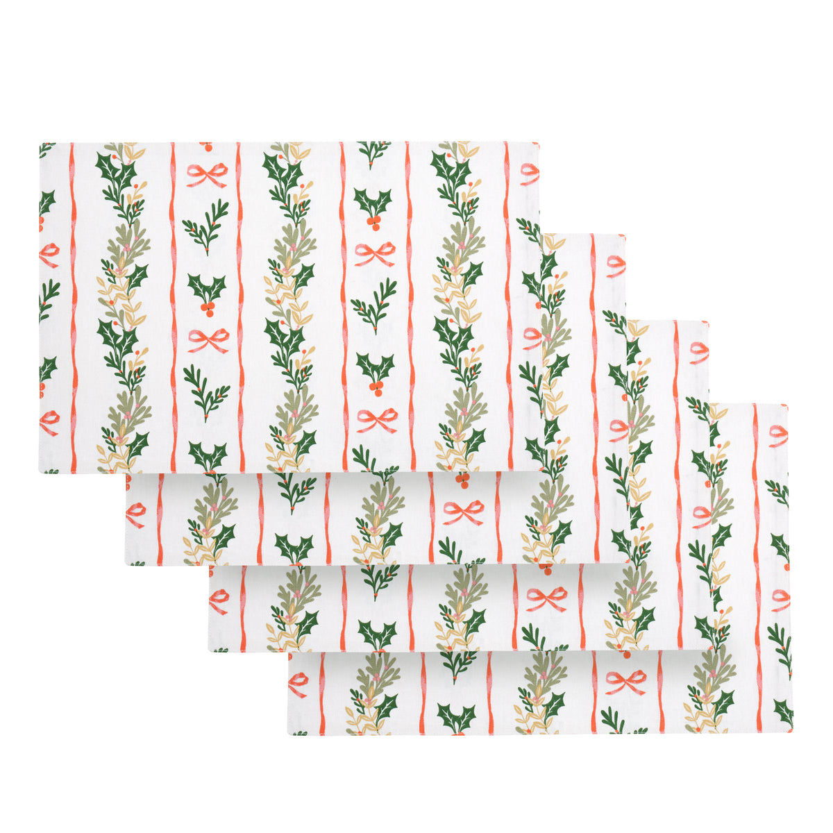 Catherine Lansfield Christmas Holly Stripe Pack of Four Placemats 30cm x 46cm Cream Red
