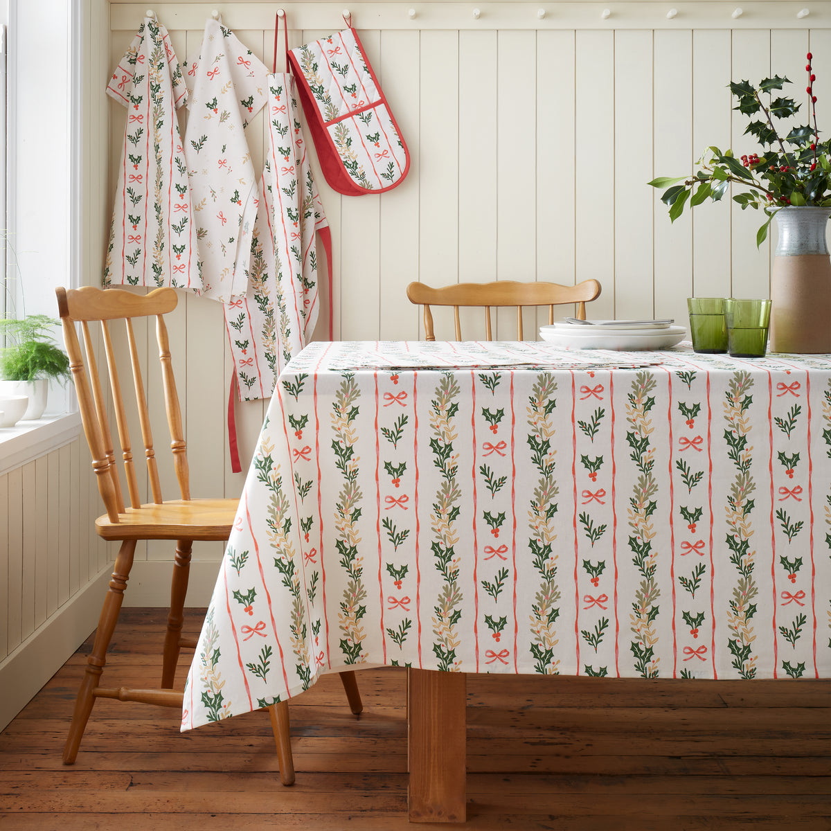 Catherine Lansfield Christmas Holly Stripe Table Cloth Cream Red