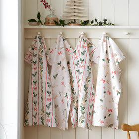 Catherine Lansfield Christmas Holly Stripe Tea Towel Cream Red