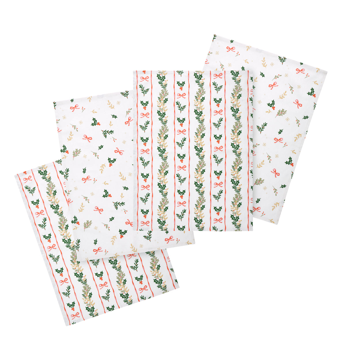Catherine Lansfield Christmas Holly Stripe Tea Towel Cream Red