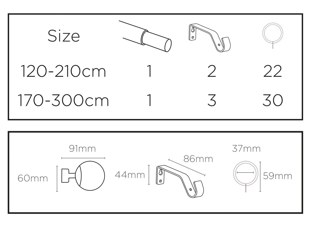 22-25mm Finesse Ball Pole Extendable Curtain Pole Satin Silver