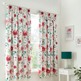 Dreams and Drapes Abstract Poppy Ready Made Pencil Pleat Curtains 66 x 72 Red