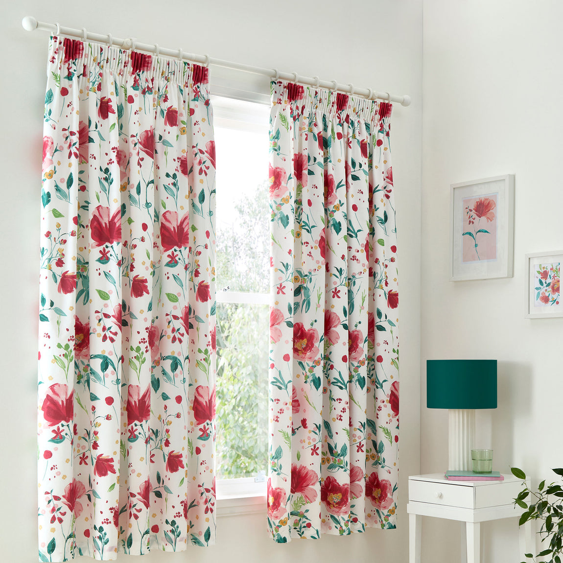 Dreams & Drapes Abstract Poppy Ready Made Pencil Pleat Curtains 66 x 72 Red