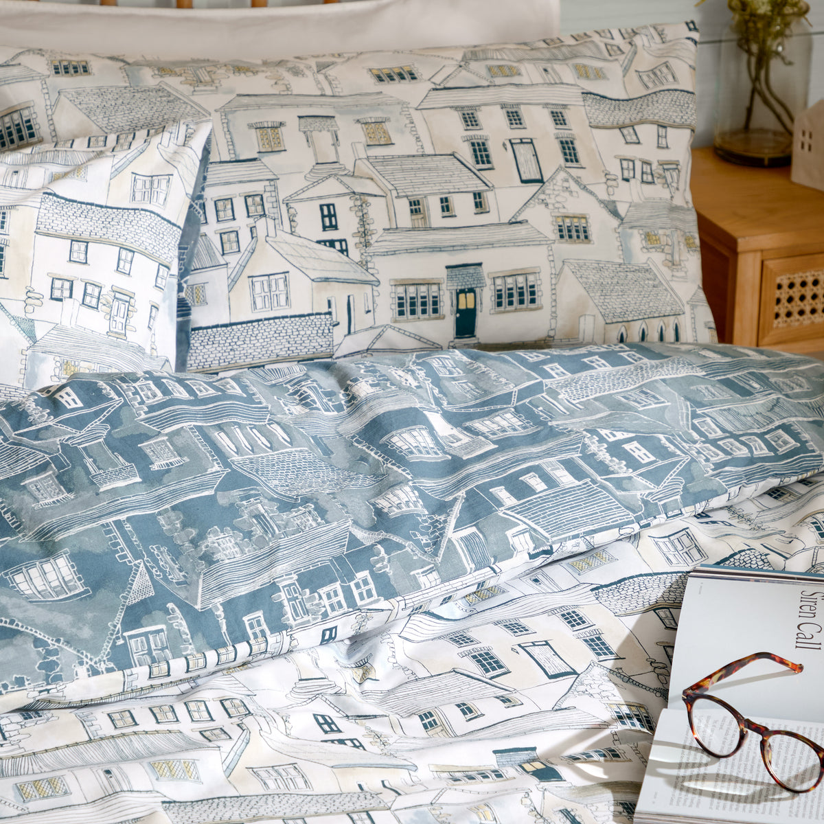 Abersoch Town Cotton Duvet Cover Bedding Set Sea Blue