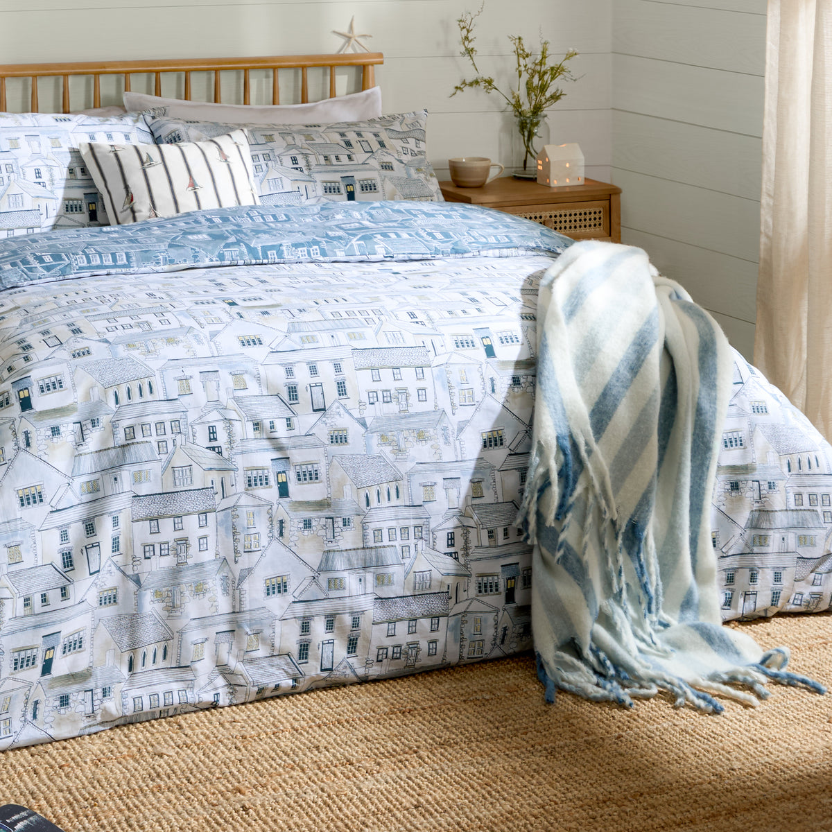 Abersoch Town Cotton Duvet Cover Bedding Set Sea Blue
