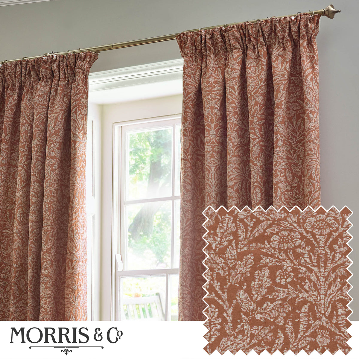 Morris & Co. Acorn Tonal Matt Jacquard Ready Made Pencil Pleat Curtains Brick