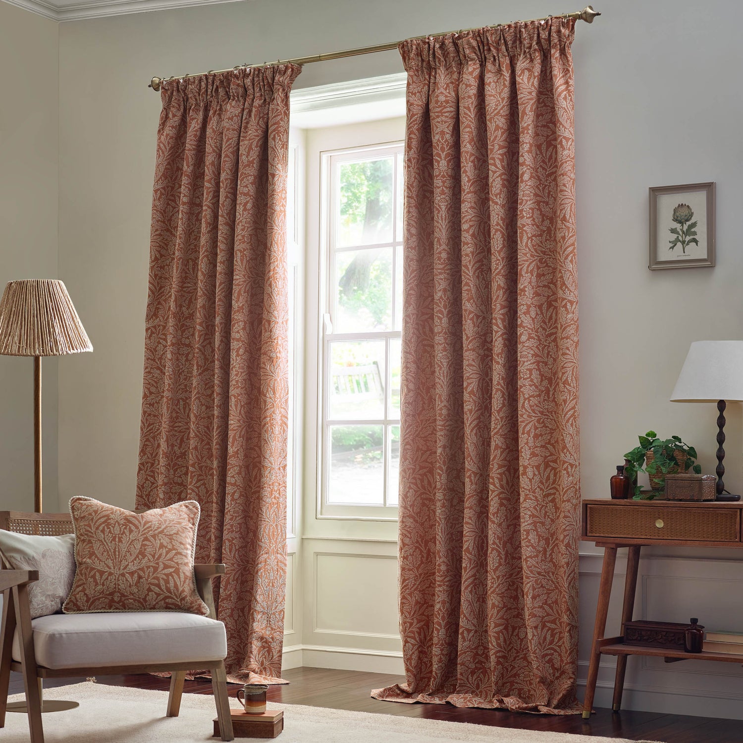 Morris & Co. Acorn Tonal Matt Jacquard Ready Made Pencil Pleat Curtains Brick