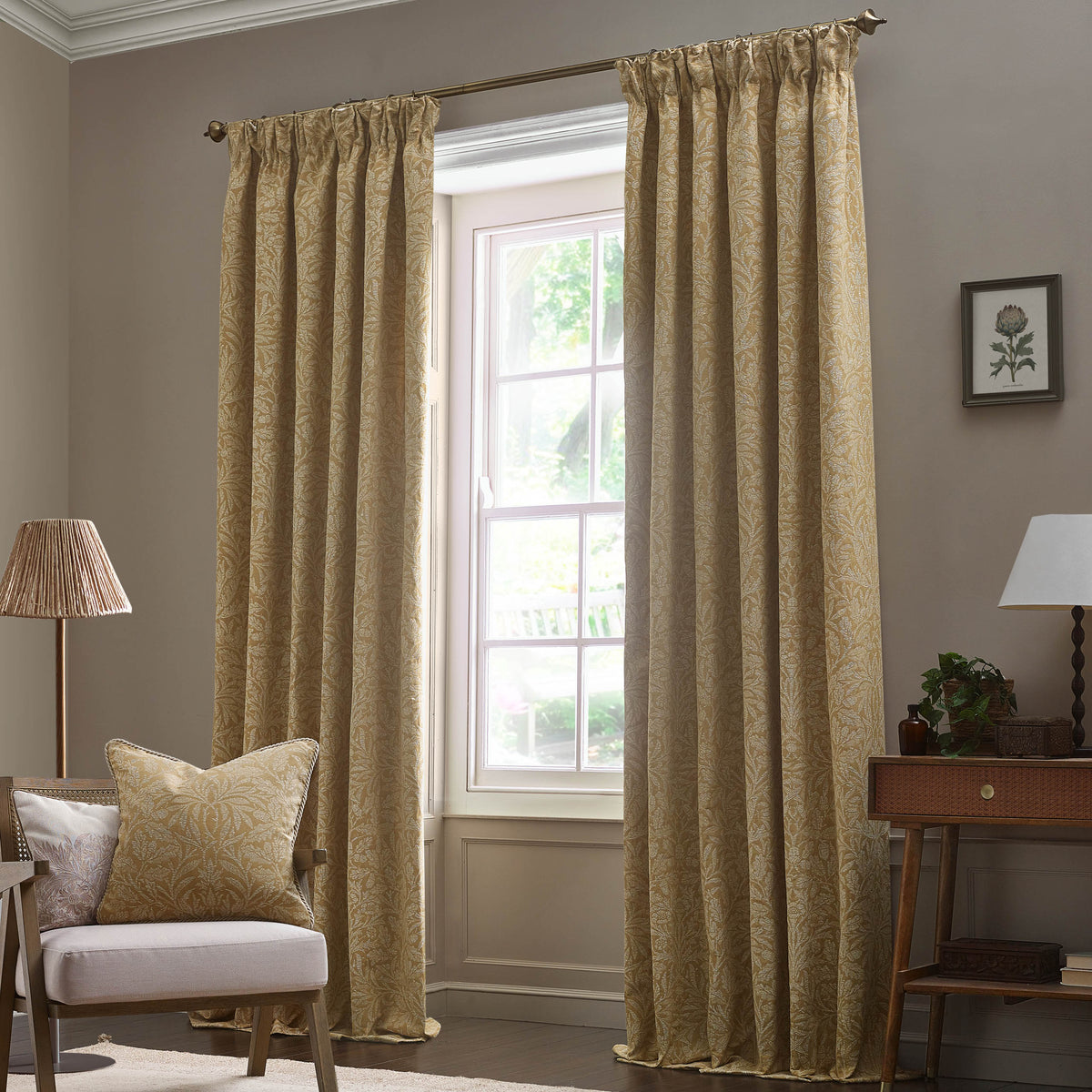 Morris & Co. Acorn Tonal Matt Jacquard Ready Made Pencil Pleat Curtains Gold