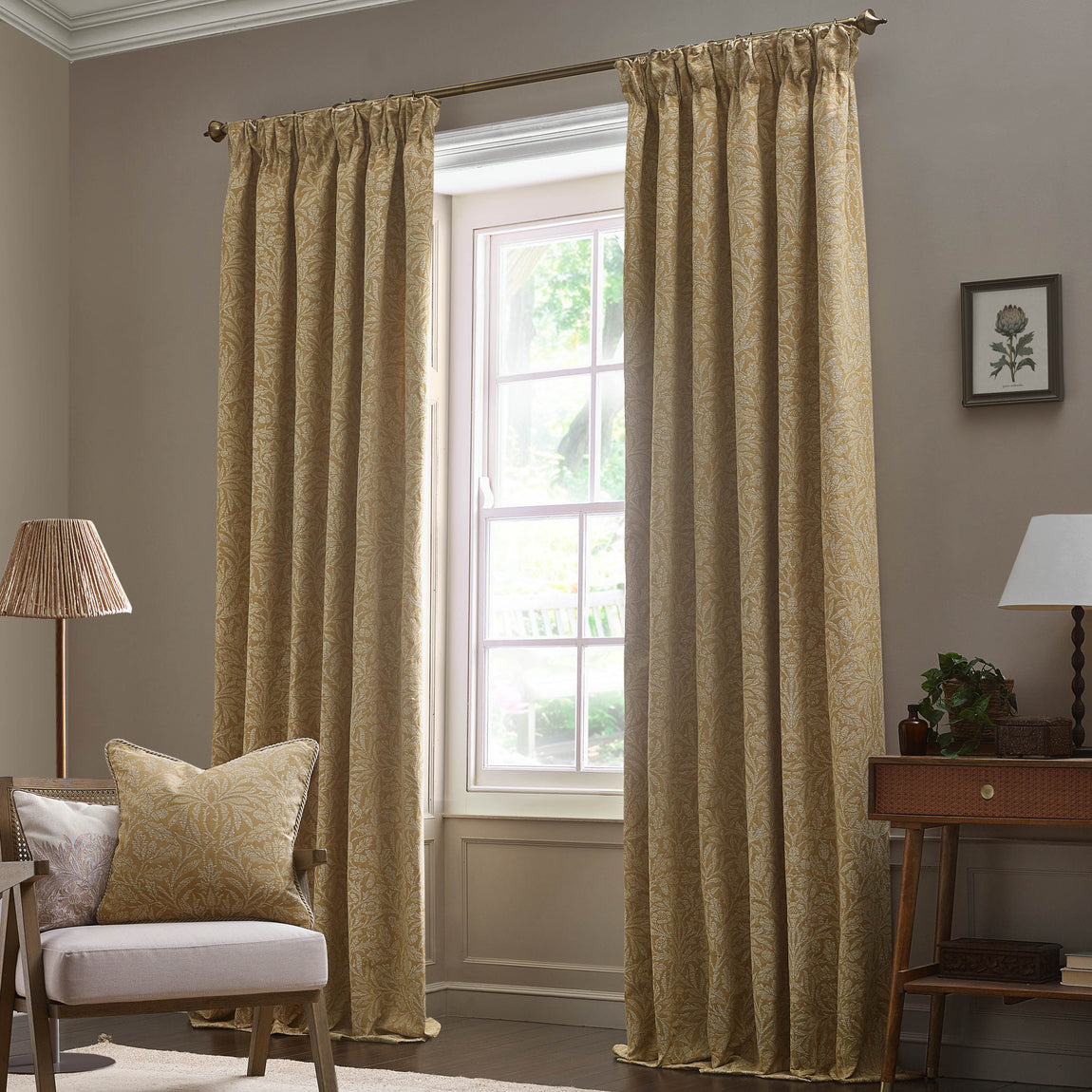 Morris & Co. Acorn Tonal Matt Jacquard Ready Made Pencil Pleat Curtains Gold