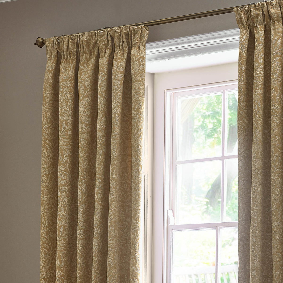 Morris & Co. Acorn Tonal Matt Jacquard Ready Made Pencil Pleat Curtains Gold