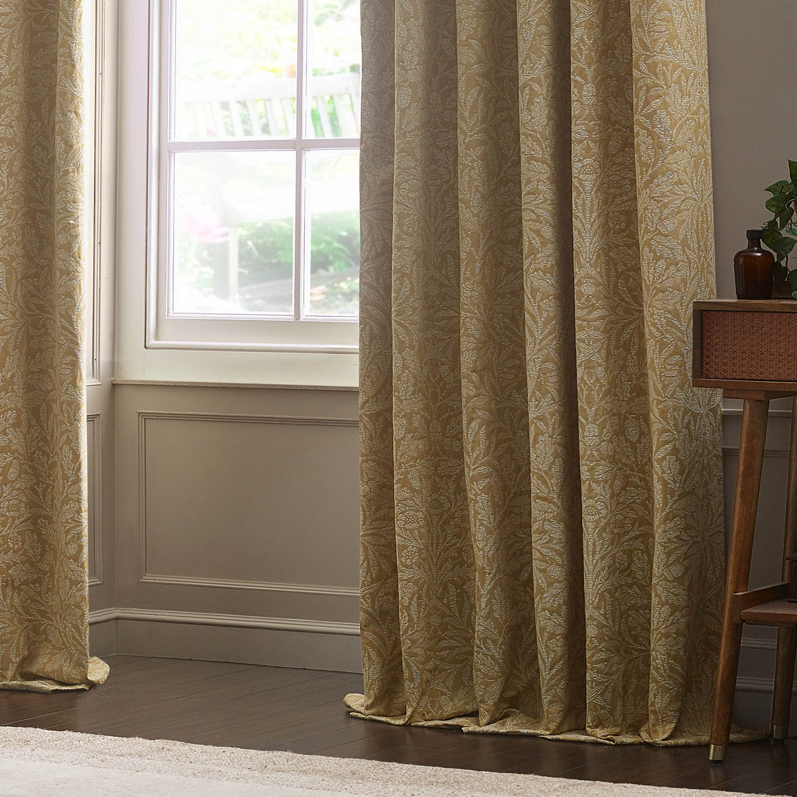 Morris & Co. Acorn Tonal Matt Jacquard Ready Made Pencil Pleat Curtains Gold