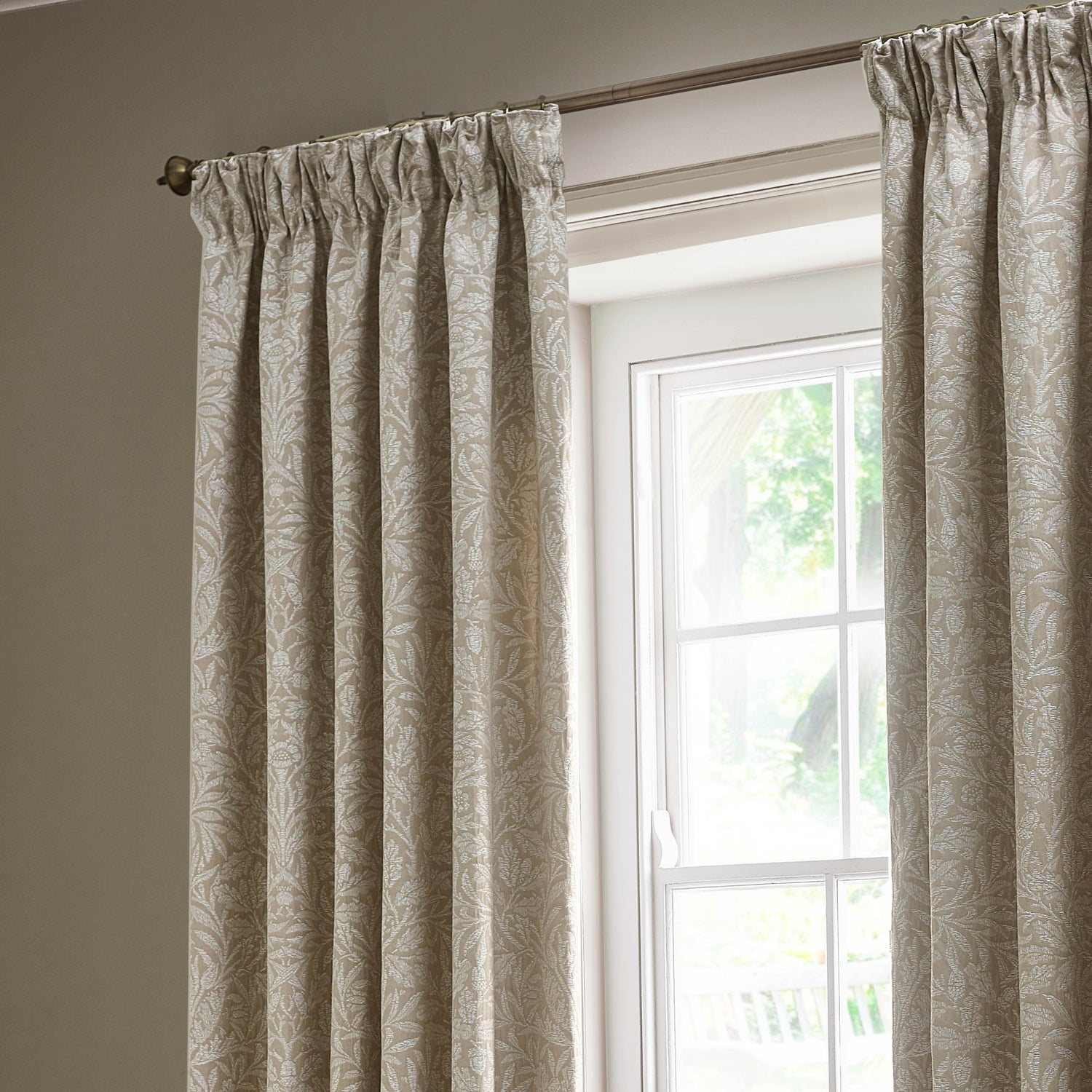 Morris & Co. Acorn Tonal Matt Jacquard Ready Made Pencil Pleat Curtains Linen