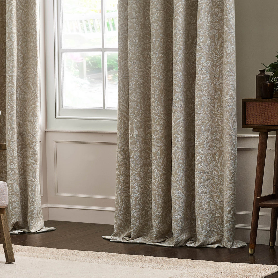 Morris & Co. Acorn Tonal Matt Jacquard Ready Made Pencil Pleat Curtains Linen
