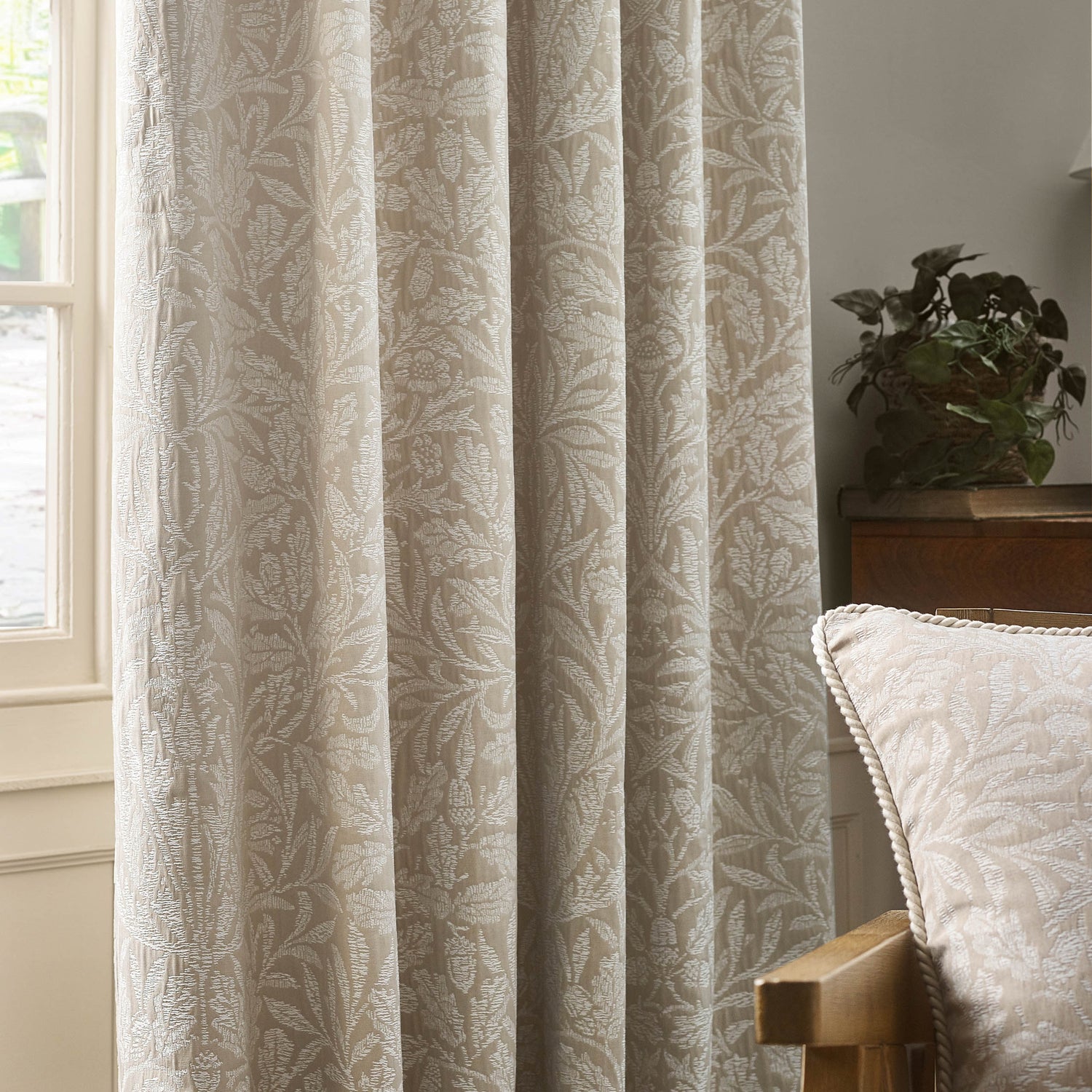 Morris & Co. Acorn Tonal Matt Jacquard Ready Made Pencil Pleat Curtains Linen