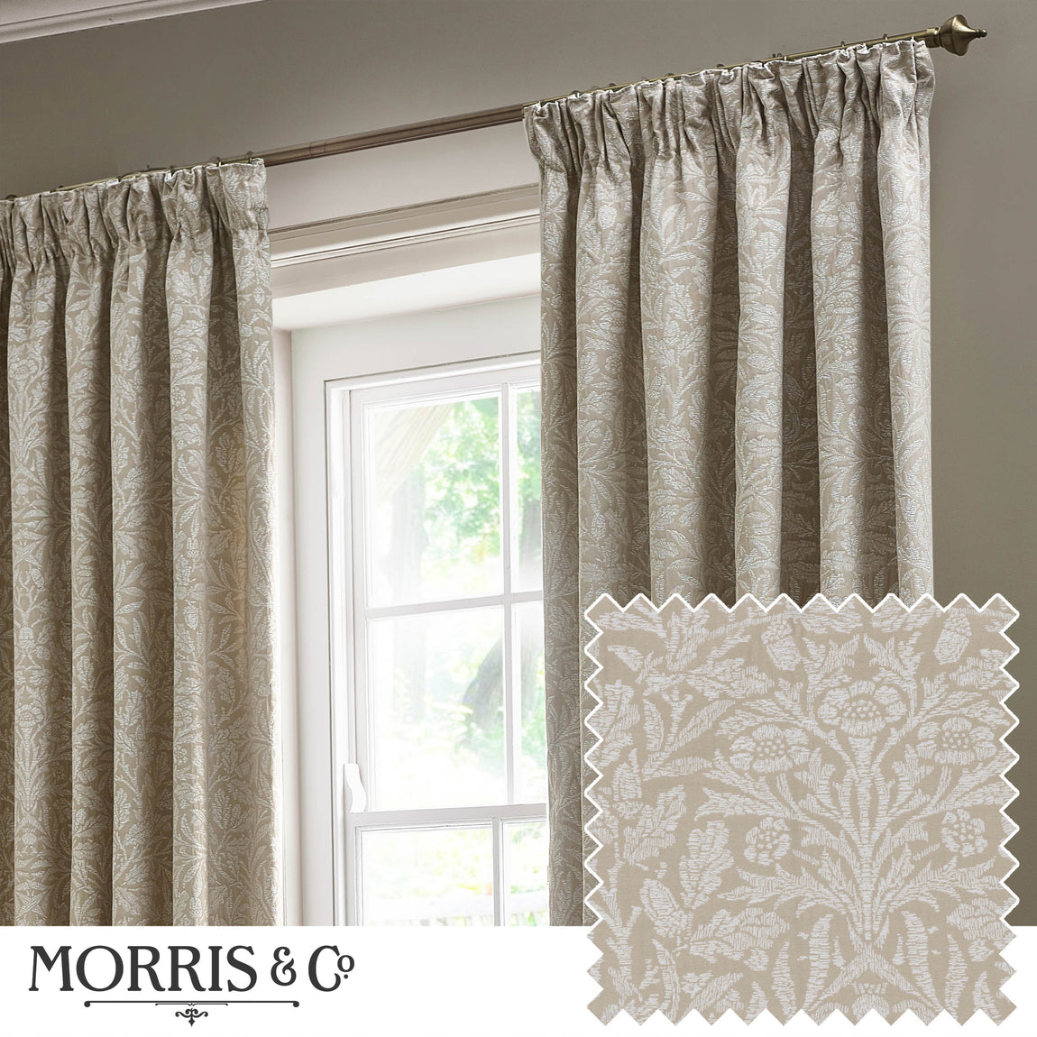 Morris & Co. Acorn Tonal Matt Jacquard Ready Made Pencil Pleat Curtains Linen