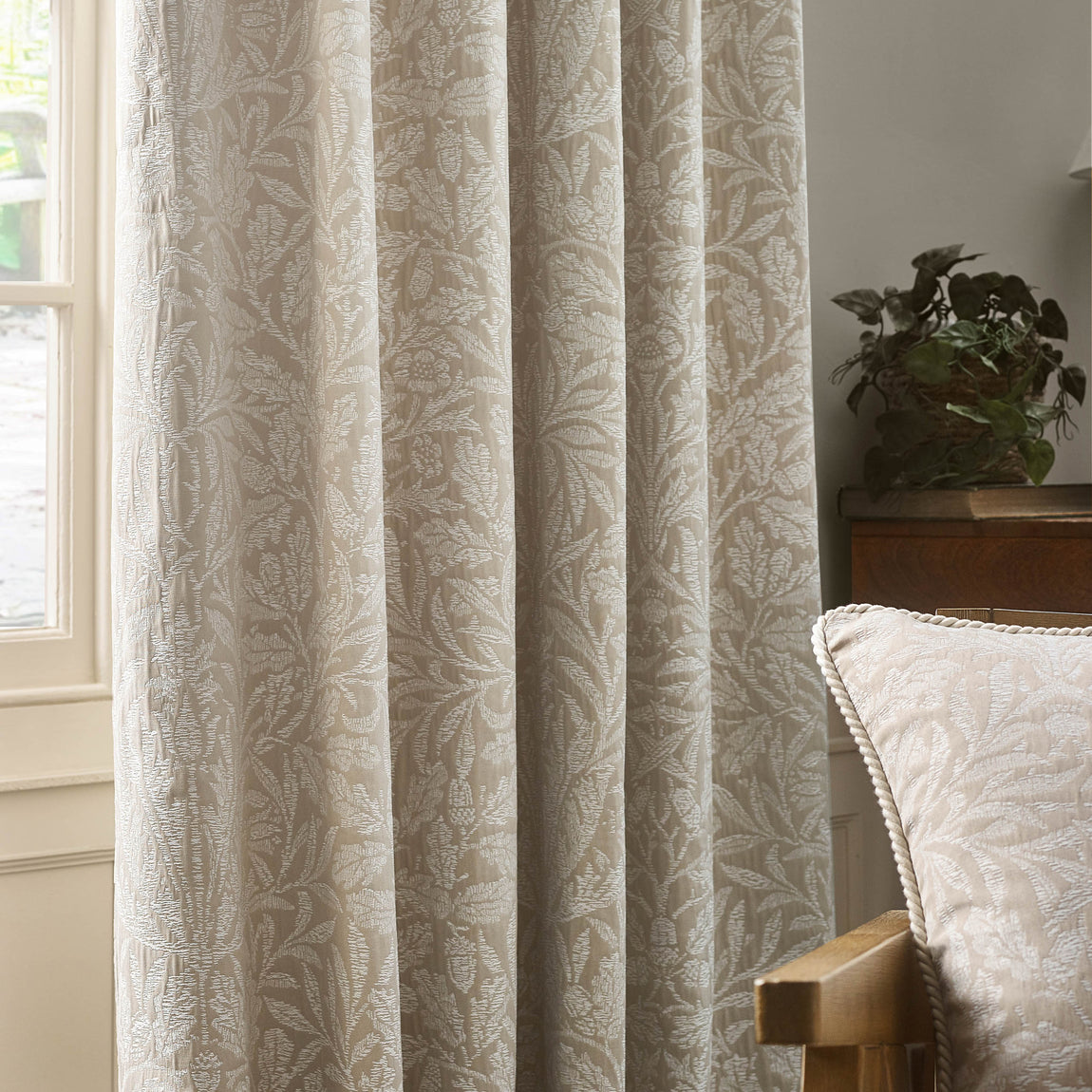 Morris & Co. Acorn Tonal Matt Jacquard Ready Made Pencil Pleat Curtains Linen