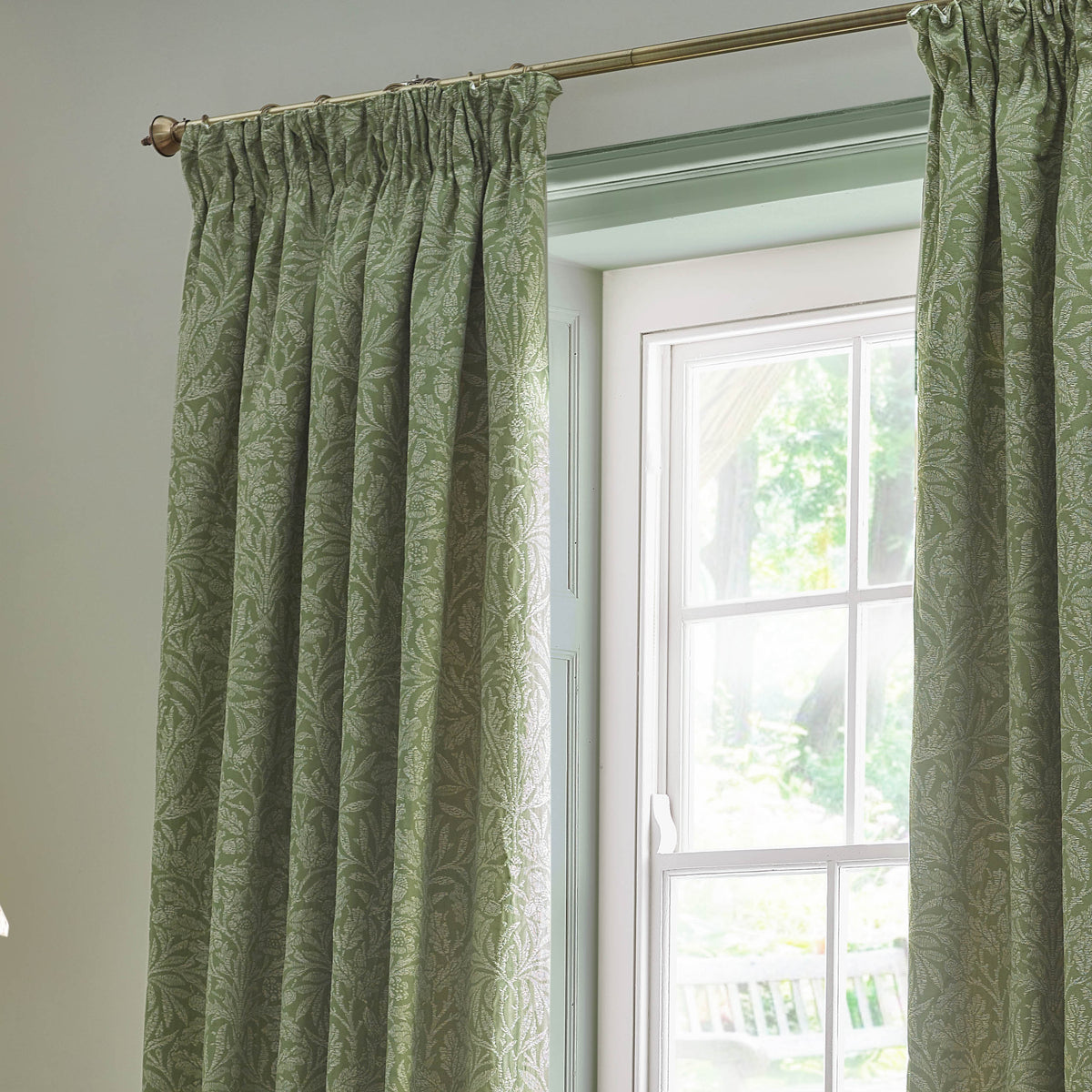 Morris & Co. Acorn Tonal Matt Jacquard Ready Made Pencil Pleat Curtains Sage