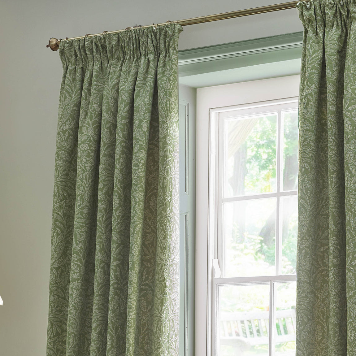 Morris & Co. Acorn Tonal Matt Jacquard Ready Made Pencil Pleat Curtains Sage