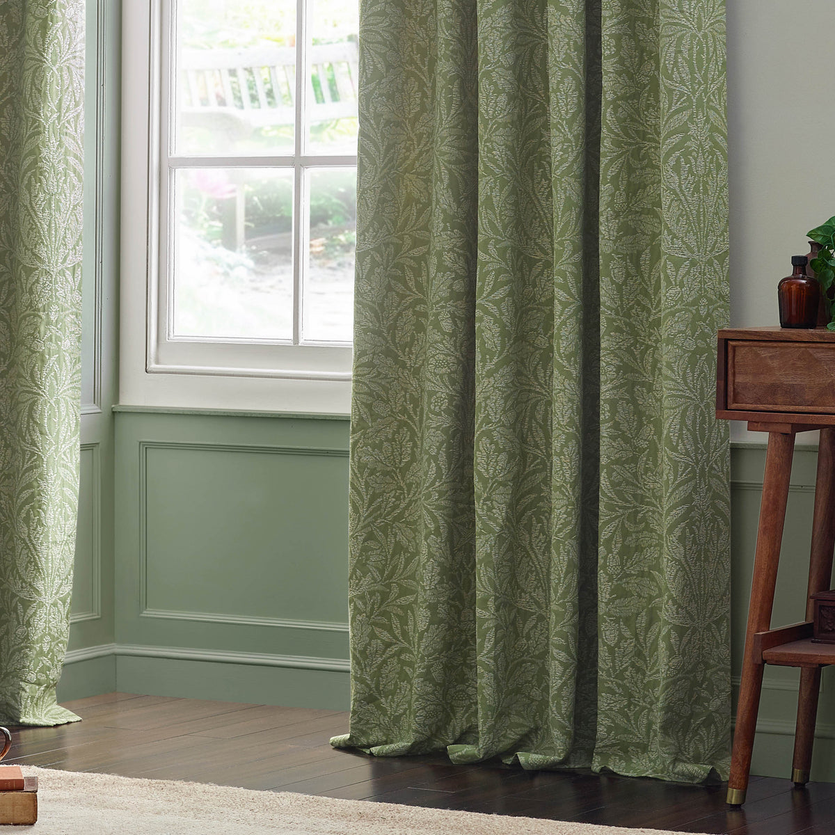 Morris & Co. Acorn Tonal Matt Jacquard Ready Made Pencil Pleat Curtains Sage
