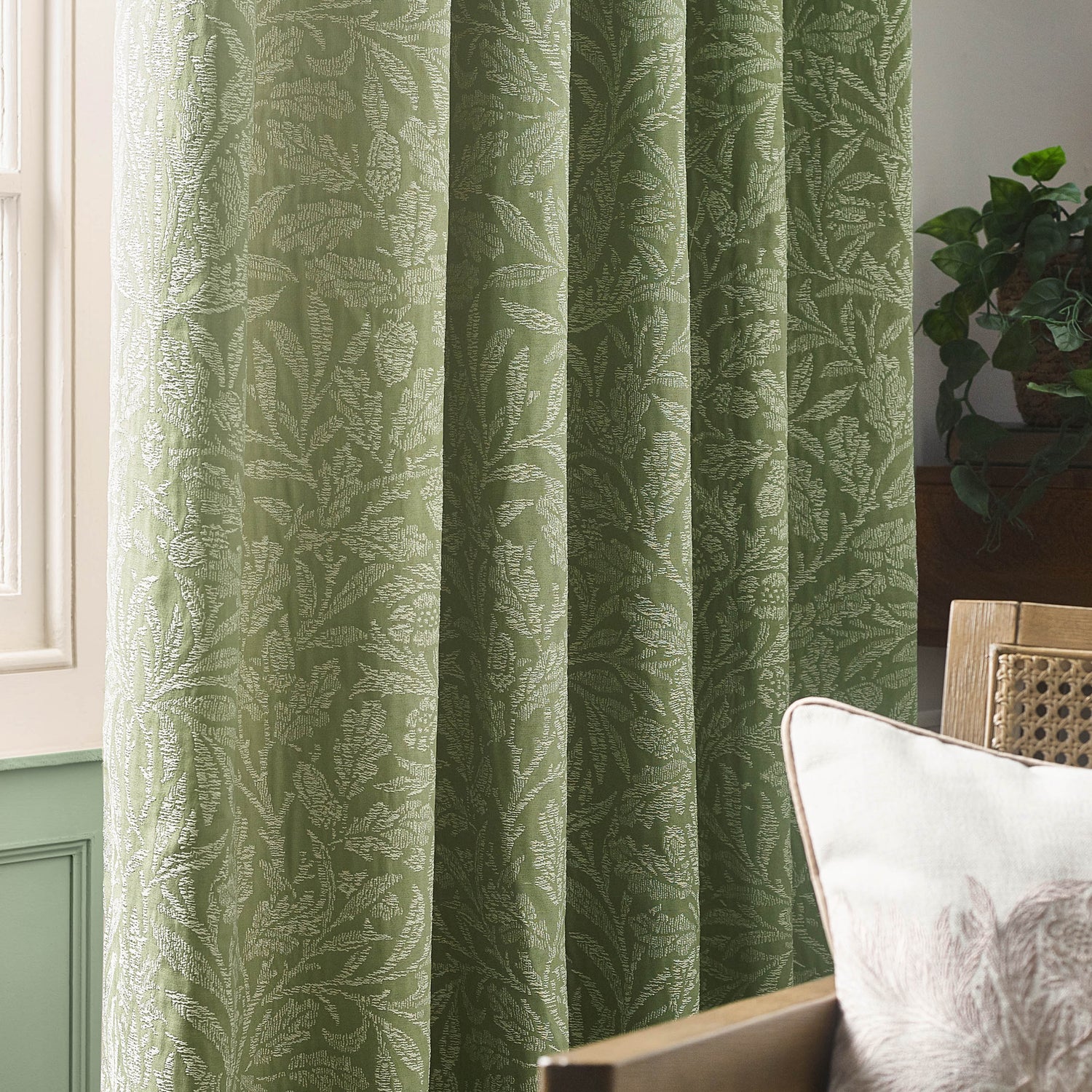 Morris & Co. Acorn Tonal Matt Jacquard Ready Made Pencil Pleat Curtains Sage