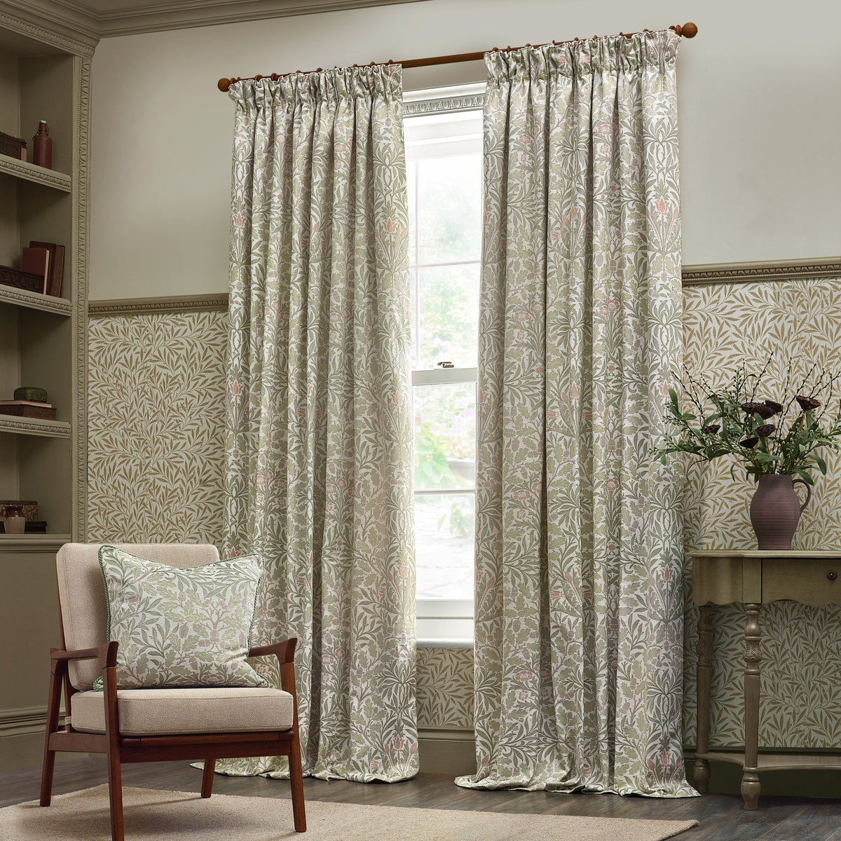 Morris & Co. Acorn Multi Floral Jacquard Chenille Ready Made Pencil Pleat Curtains Stone Sage
