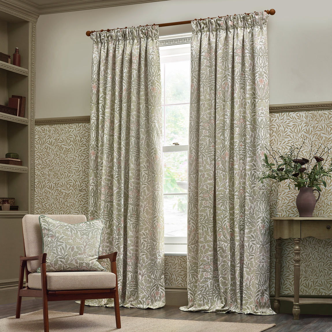 Morris & Co. Acorn Multi Floral Jacquard Chenille Ready Made Pencil Pleat Curtains Stone Sage