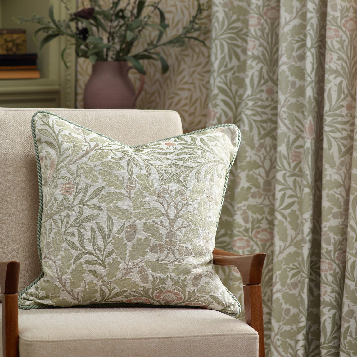 Morris & Co. Acorn Multi Floral Jacquard Chenille Ready Made Pencil Pleat Curtains Stone Sage