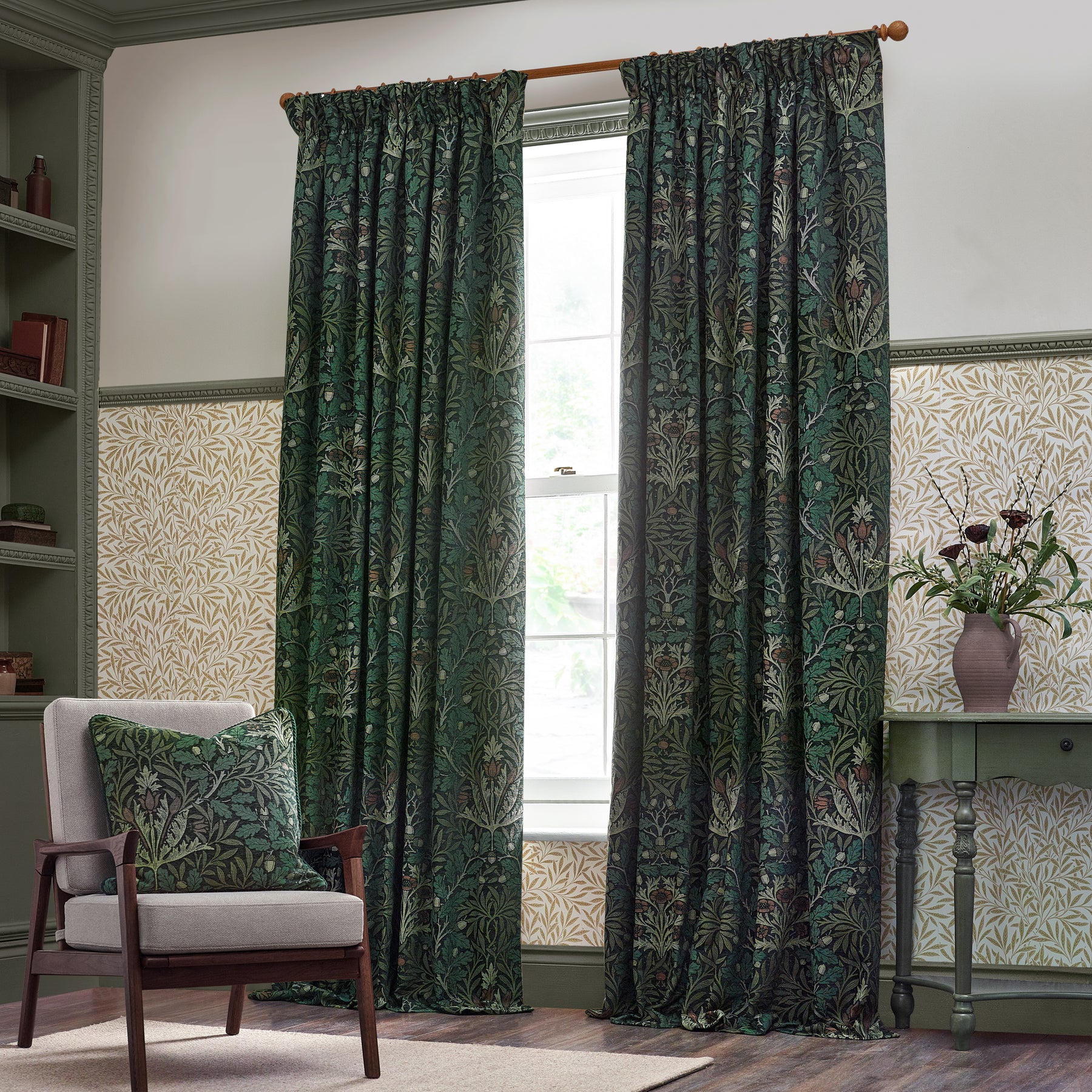 Morris & Co. Acorn Multi Floral Jacquard Chenille Ready Made Pencil Pleat Curtains Thyme Forest
