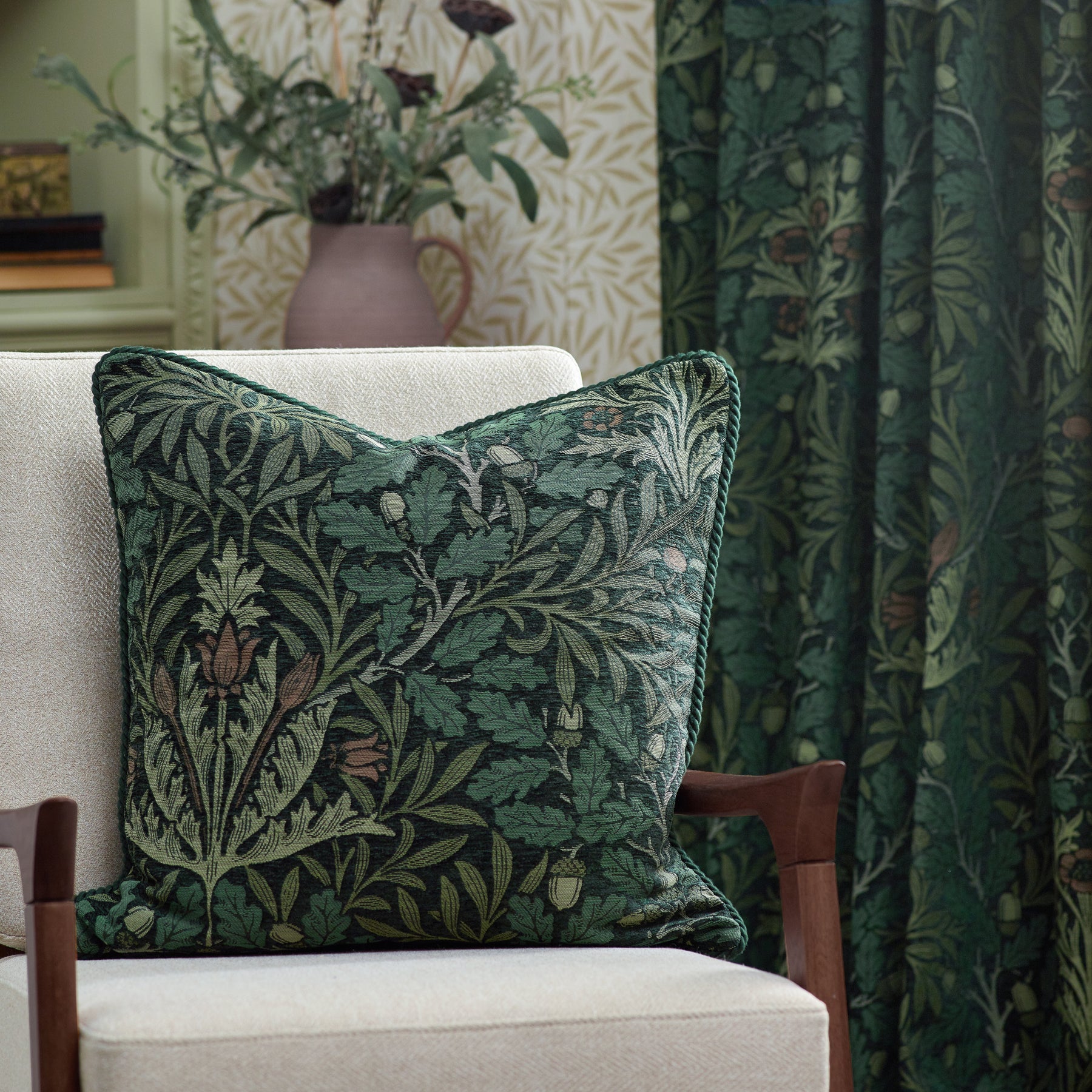 Morris & Co. Acorn Multi Floral Jacquard Chenille Ready Made Pencil Pleat Curtains Thyme Forest