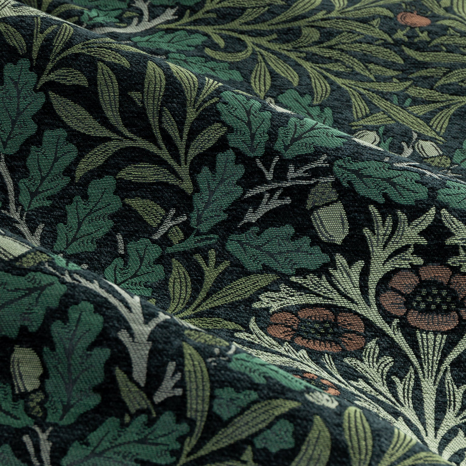 Morris & Co. Acorn Multi Floral Jacquard Chenille Ready Made Pencil Pleat Curtains Thyme Forest