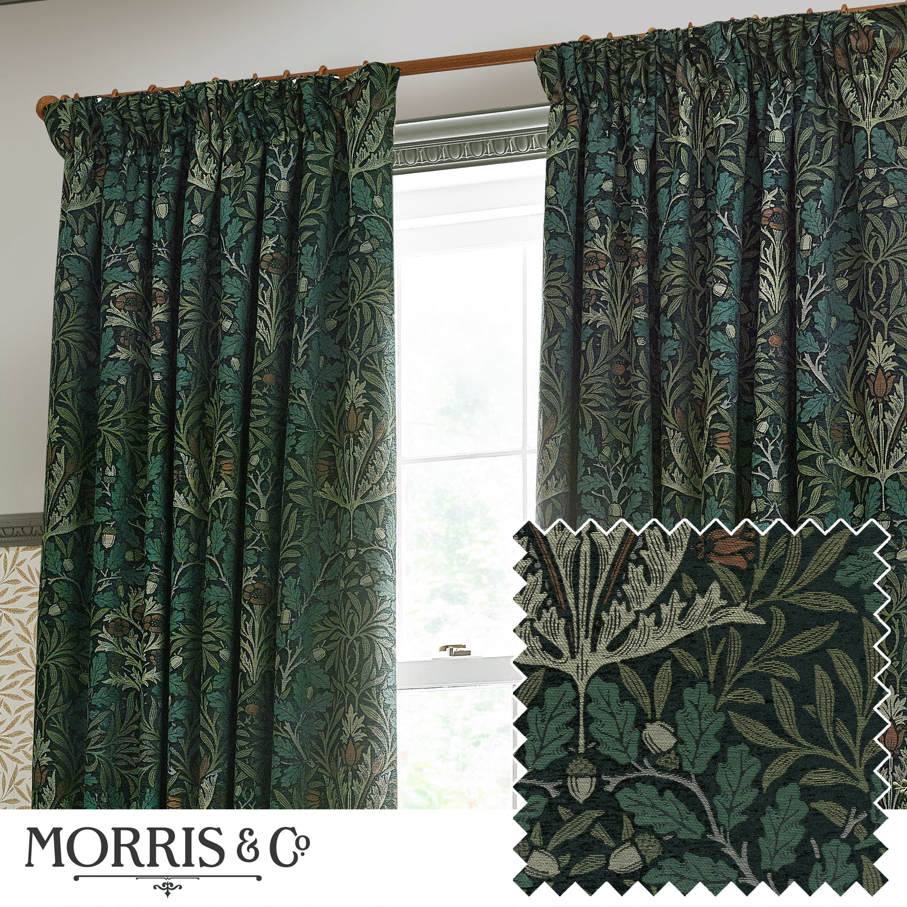 Morris & Co. Acorn Multi Floral Jacquard Chenille Ready Made Pencil Pleat Curtains Thyme Forest