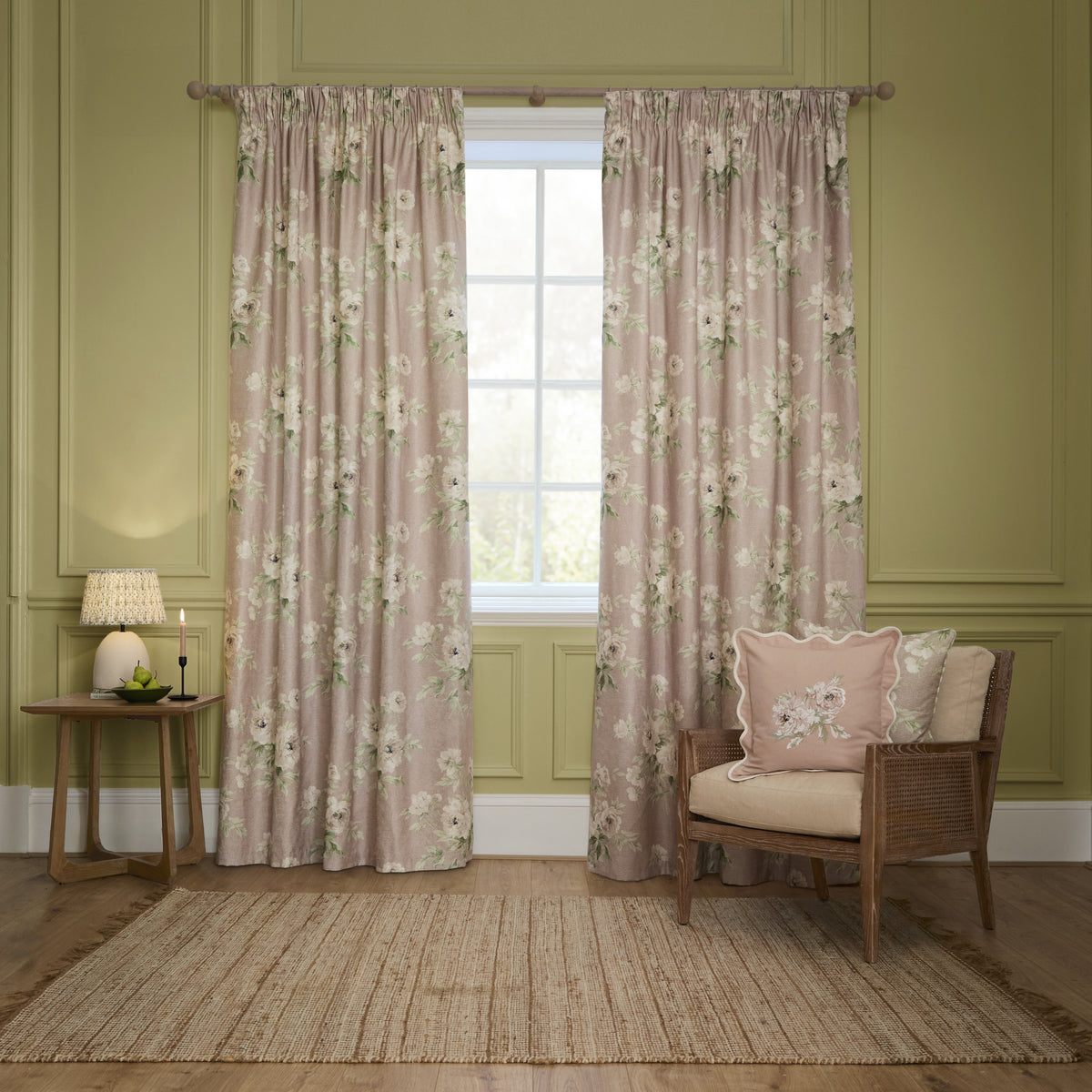 Sanderson Adele Floral Chenille Ready Made Pencil Pleat Curtains Rose