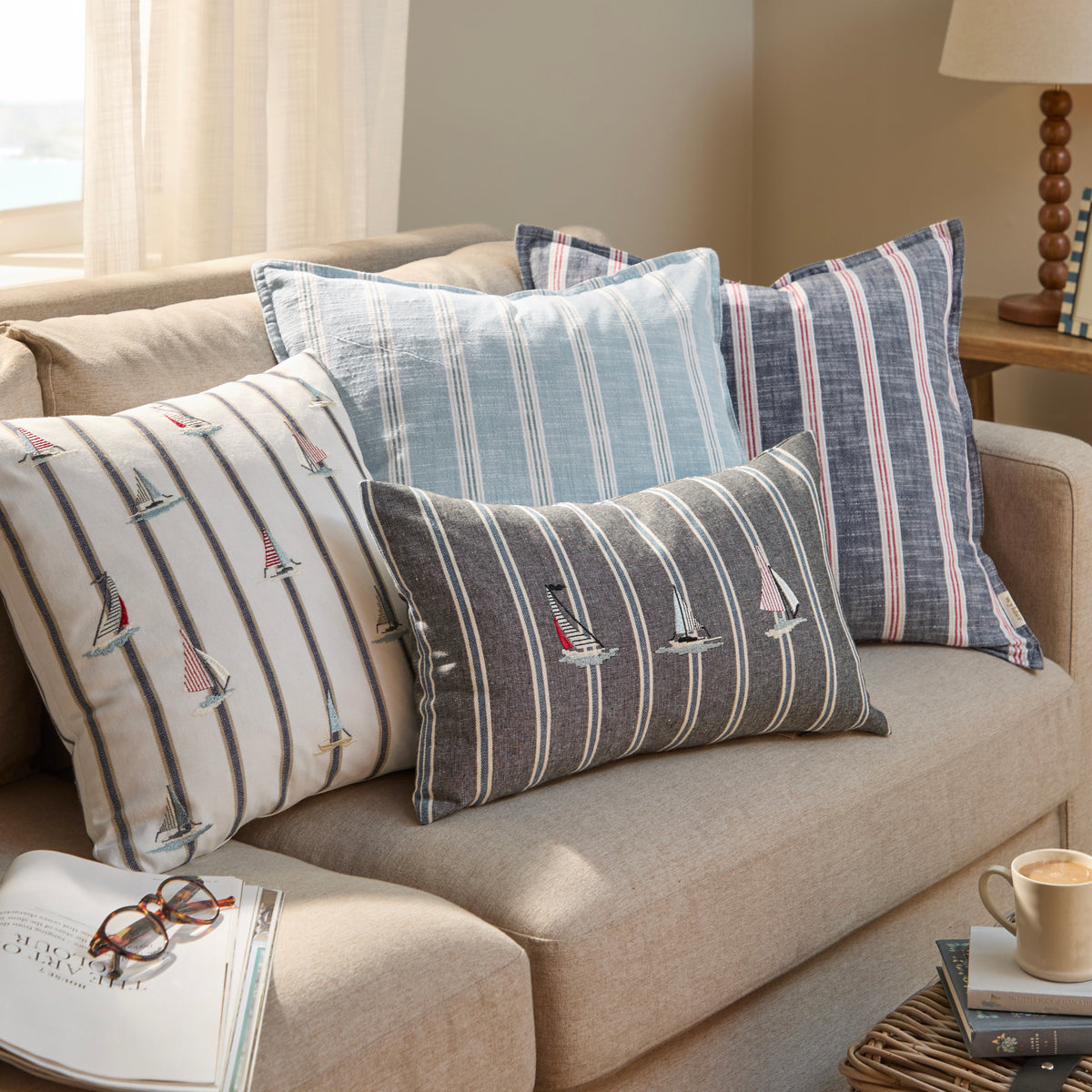 Yard Abersoch Stripe Cotton 50cm x 50cm Filled Cushion Regatta Red