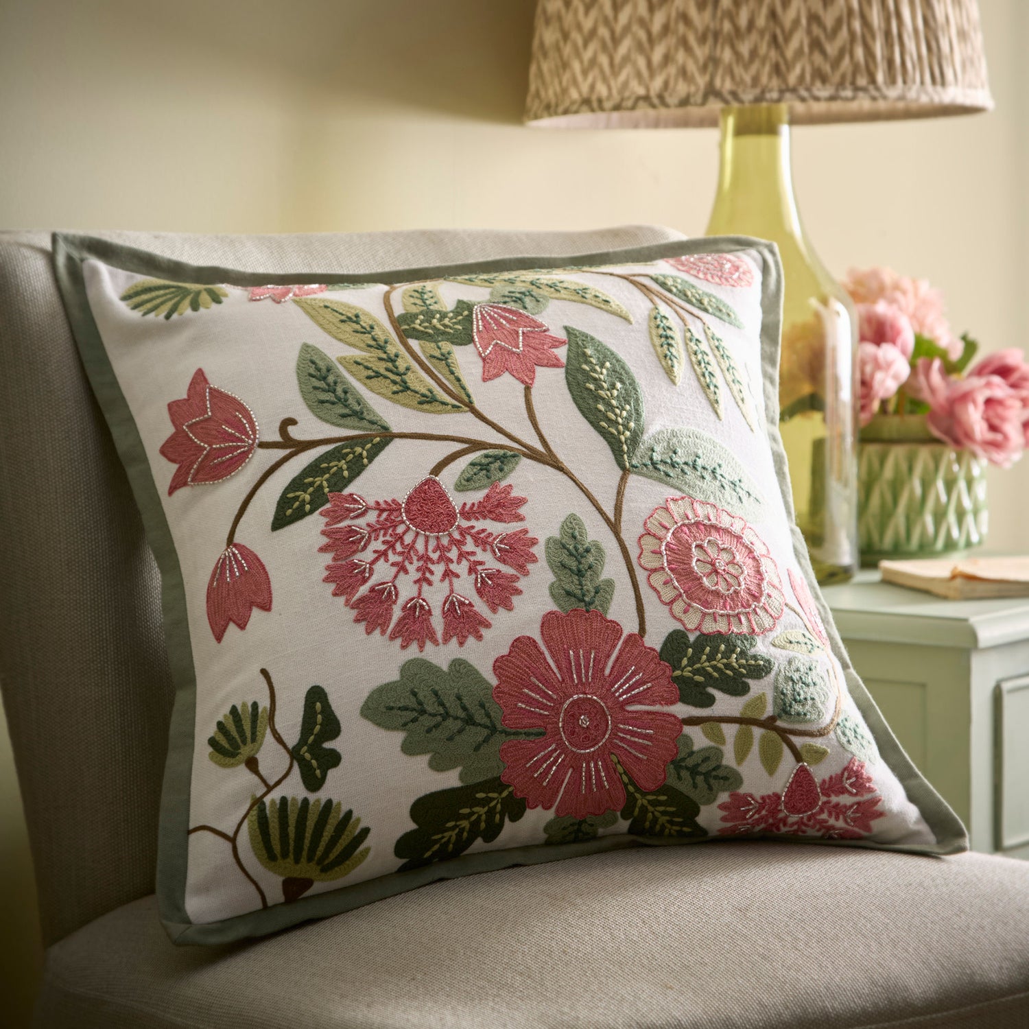 Appletree Aurelia Embroidered 43cmx43cm Filled Cushion Green