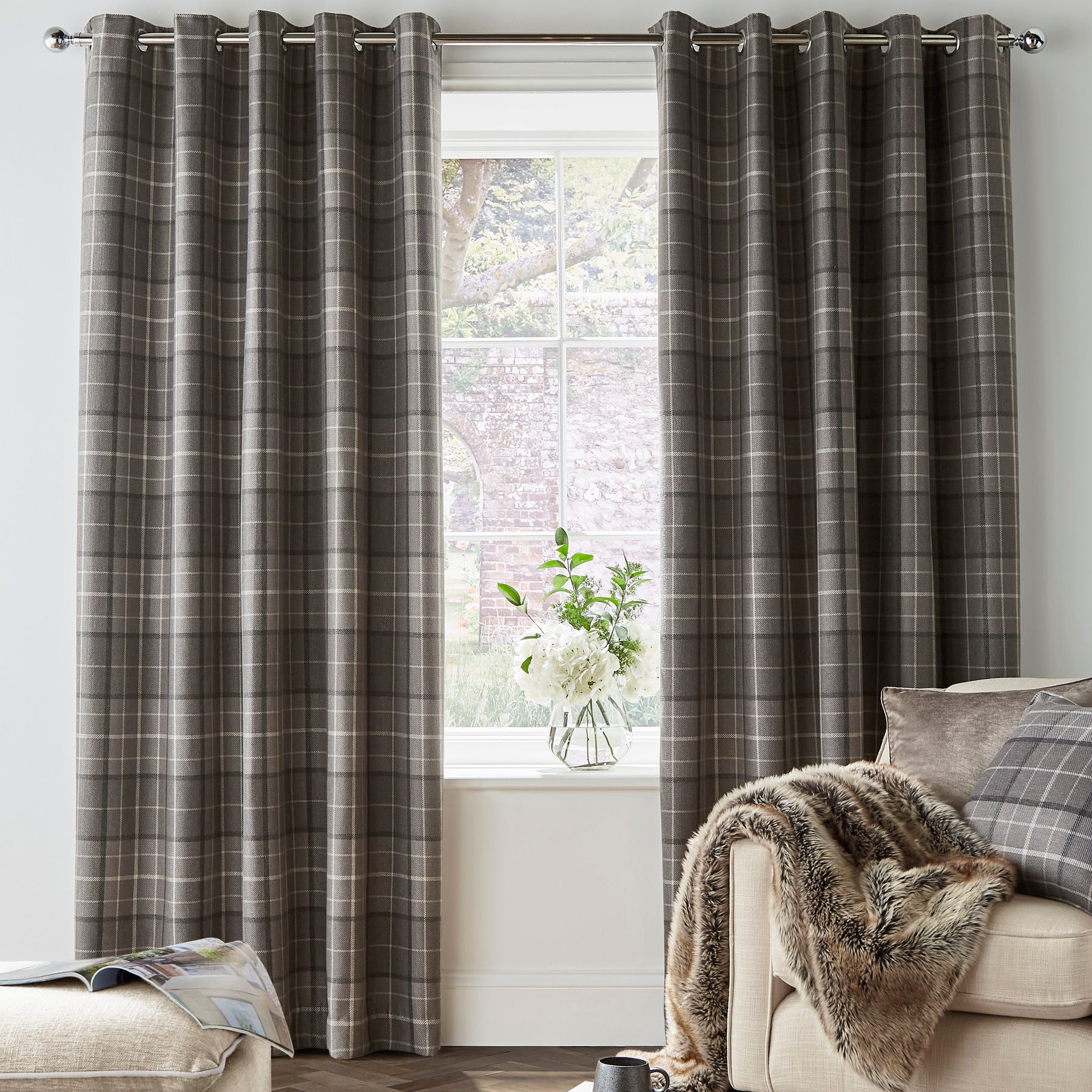 Laura Ashley Alfriston Check Ready Made Eyelet Blackout Curtains Pale Charcoal