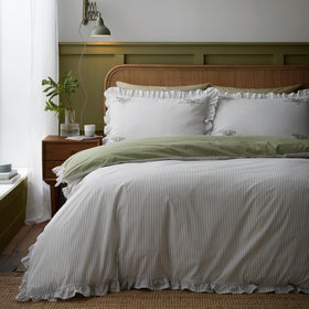 Appletree Frilled Embroidered Bow Stripe Duvet Cover Bedding Set Green
