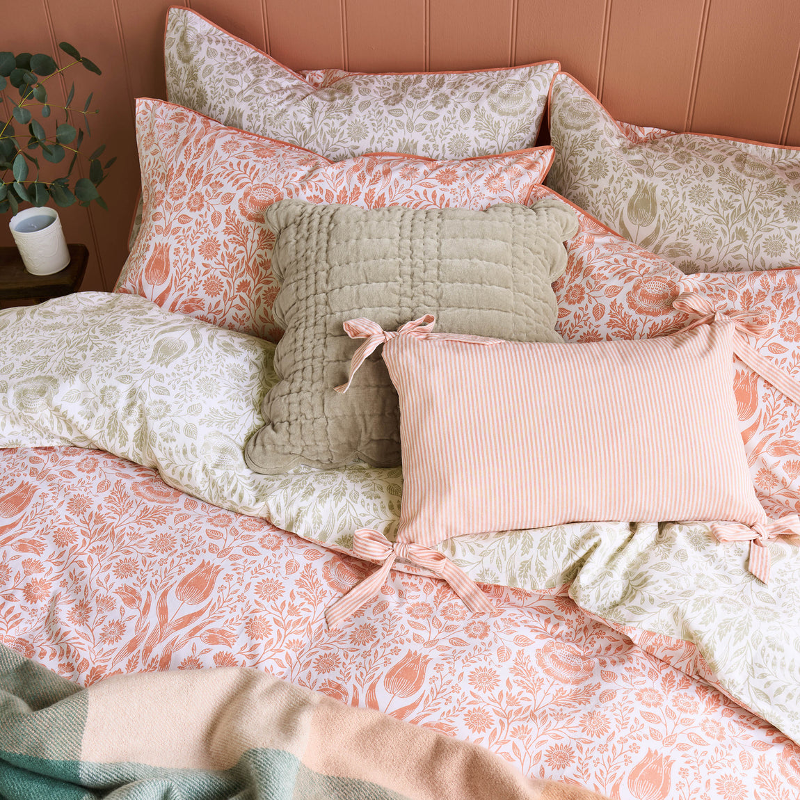 Laura Ashley Ashstead Damask Duvet Cover Bedding Set Natural Coral