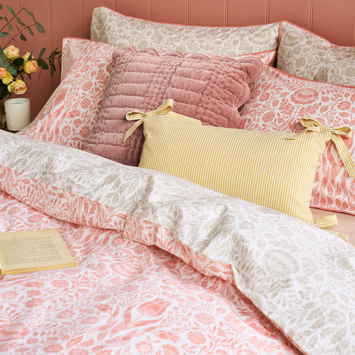 Laura Ashley Ashstead Damask Duvet Cover Bedding Set Natural Coral