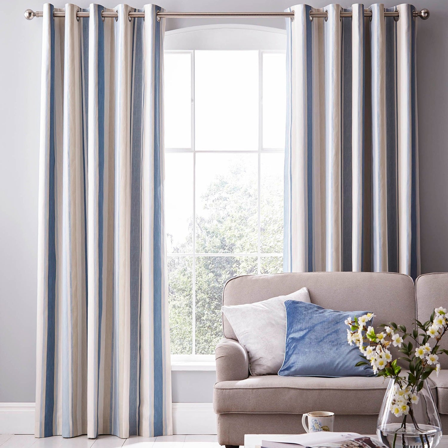 Laura Ashley Awning Stripe Ready Made Eyelet Blackout Curtains Seaspray