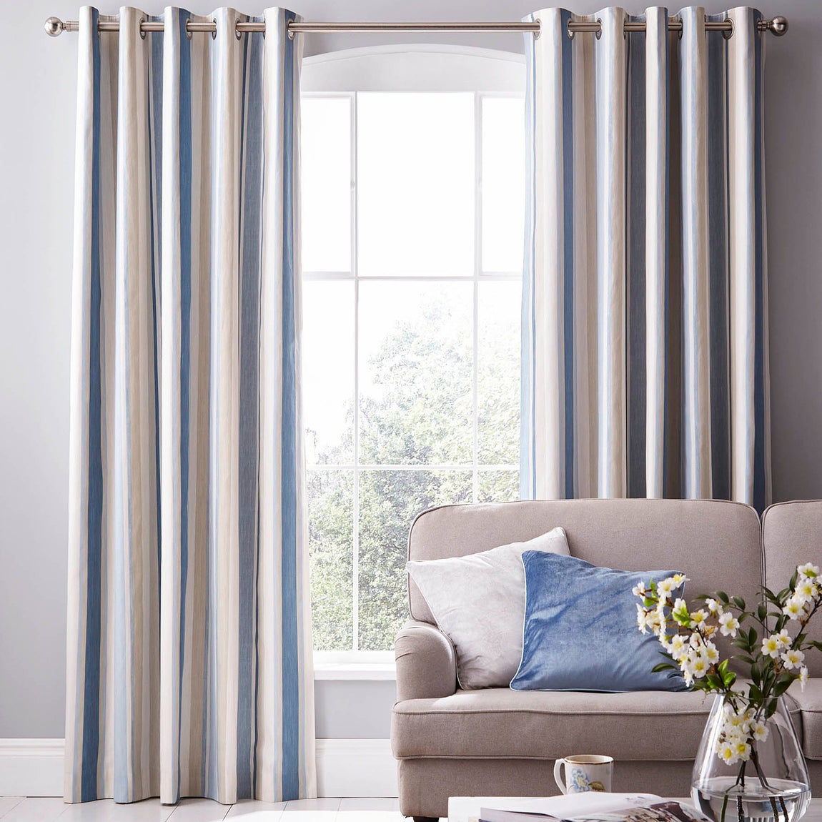 Laura Ashley Awning Stripe Ready Made Eyelet Blackout Curtains Seaspray