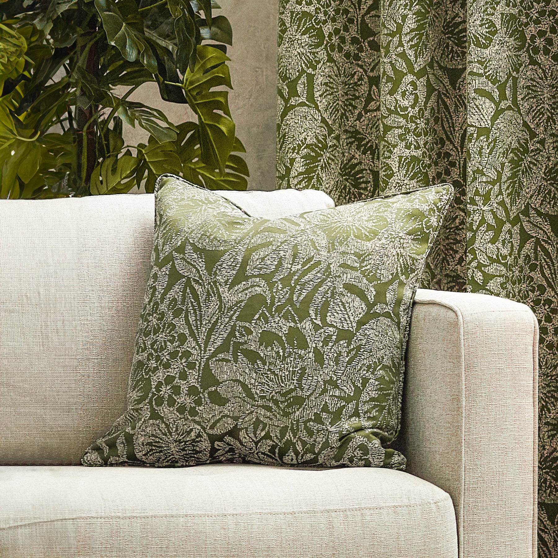 Bali Botanical Jacquard Filled Cushion 50cm x 50cm Olive
