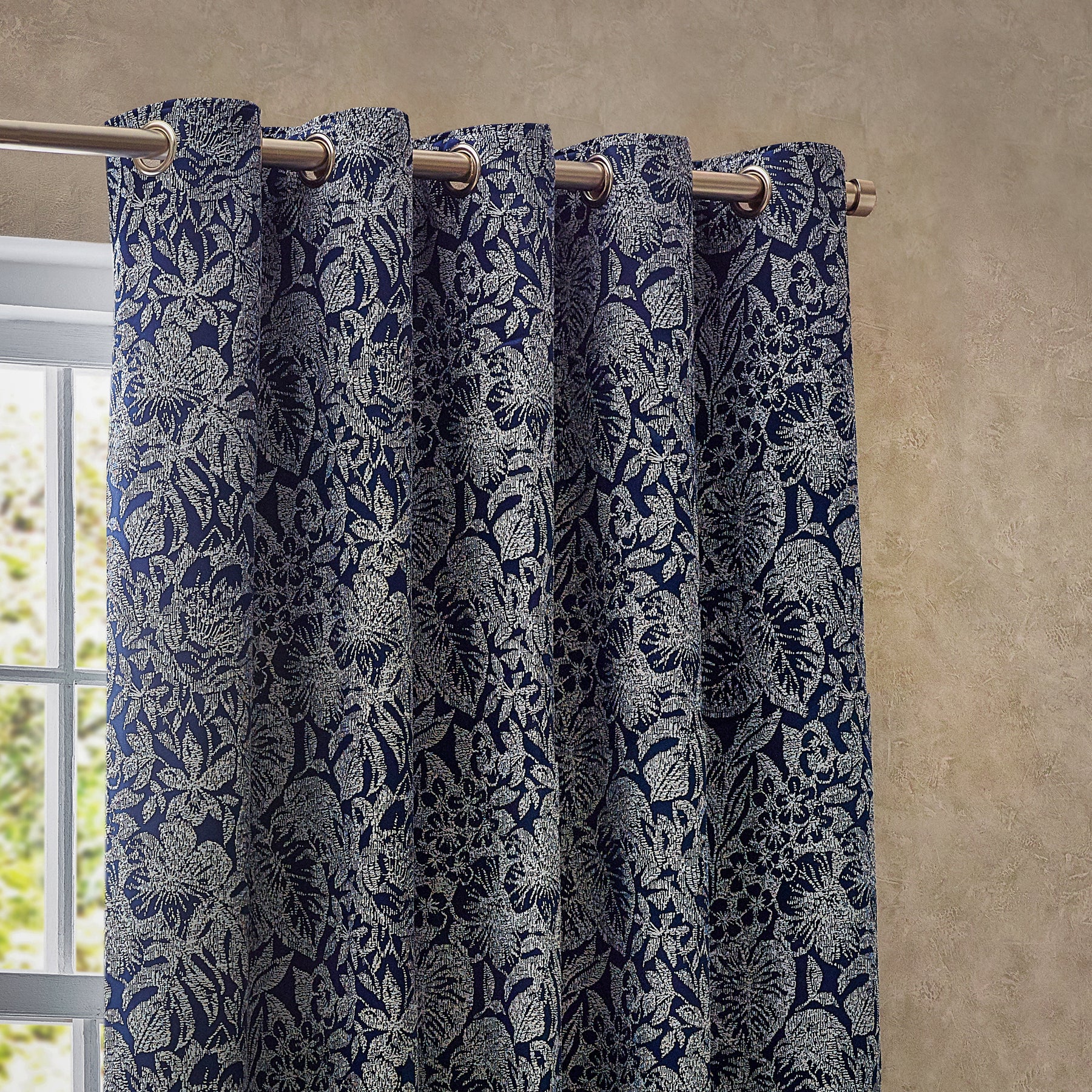 Bali Botanical Jacquard Ready Made Eyelet Curtains Midnight