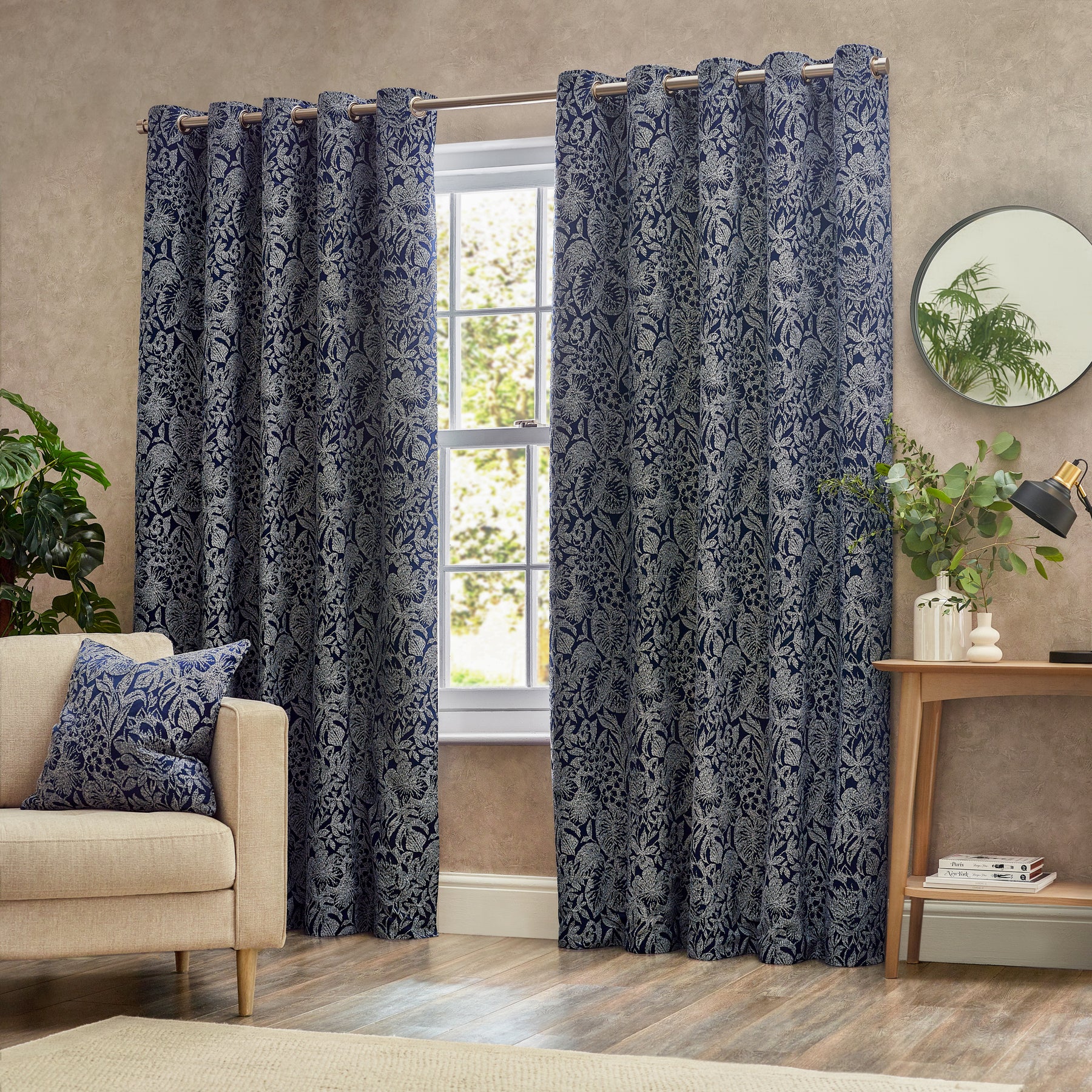 Bali Botanical Jacquard Ready Made Eyelet Curtains Midnight