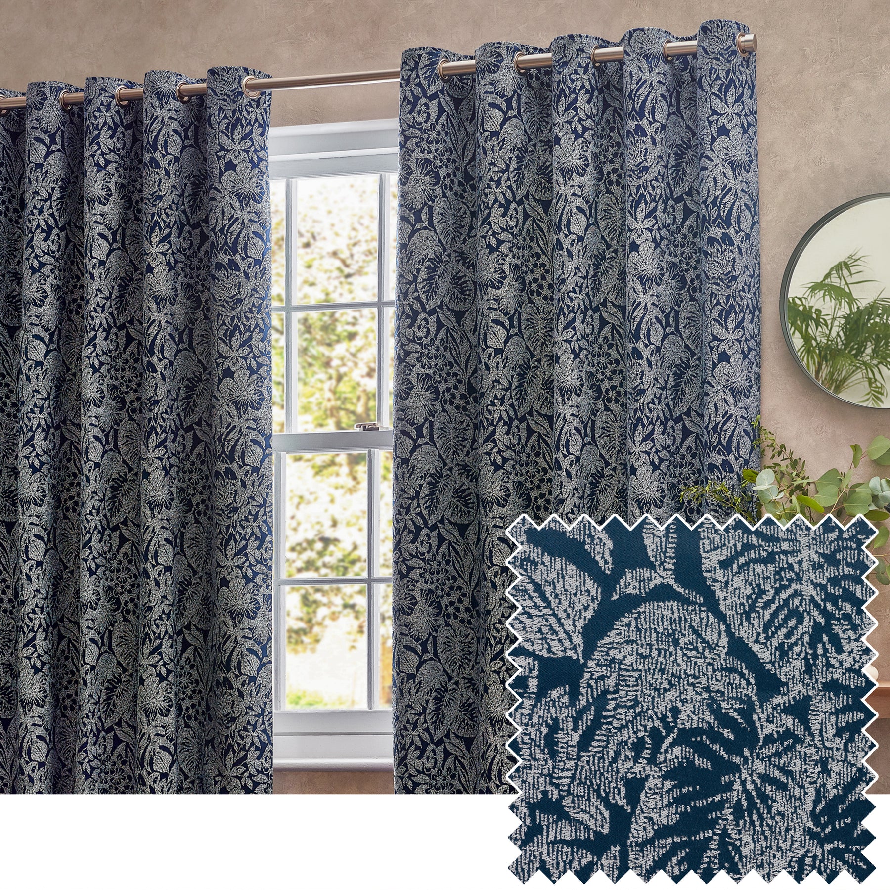 Bali Botanical Jacquard Ready Made Eyelet Curtains Midnight