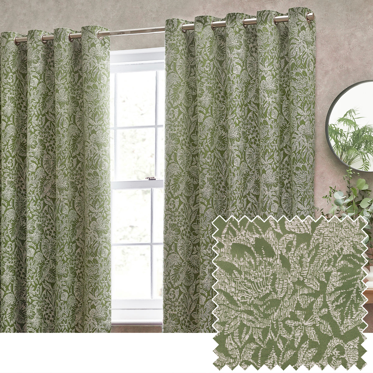 Bali Botanical Jacquard Ready Made Eyelet Curtains Olive