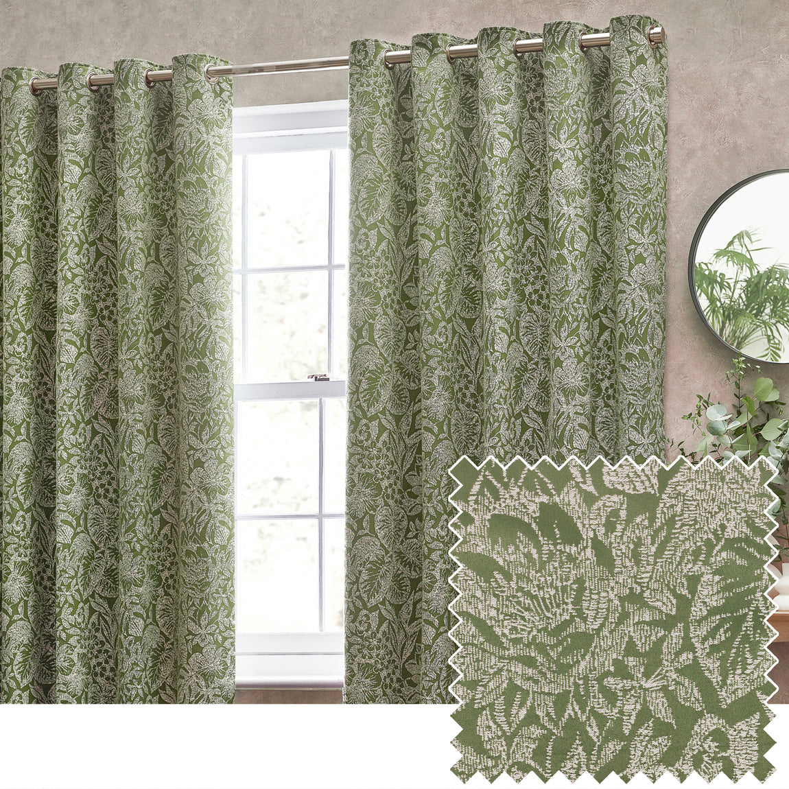 Bali Botanical Jacquard Ready Made Eyelet Curtains Olive